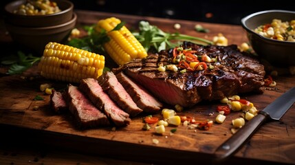 Perfectly grilled and smoky steak served alongside a vibrant charred corn salsa topped with refreshing lime wedges for a balanced and mouthwatering culinary experience