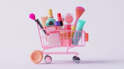 Pink shopping cart filled with colorful cosmetics and makeup brushes on white background.