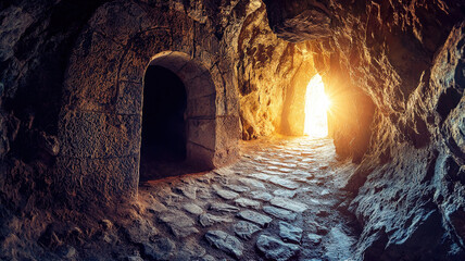 A striking view of the empty tomb, featuring the stone rolled away and sunlight streaming inside, symbolizing the resurrection. The intricate textures of the stonework are vividly detailed
