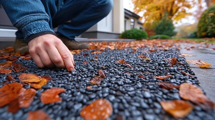 A person examining gravel with autumn leaves scattered on a pathway, highlighting seasonal changes and landscaping.