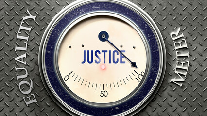 Justice and Equality that is hitting a full scale, showing a very high level of justice, overload of it, too much of it. Maximum value, off the charts.  ,3d illustration