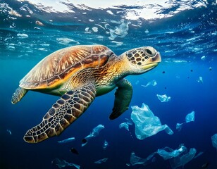 Fototapeta premium A sea turtle glides through the ocean, surrounded by floating plastic debris, highlighting the serious impact of marine pollution on wildlife.