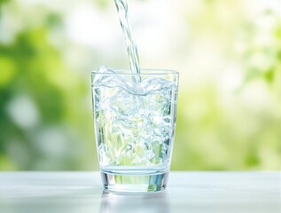 Minimalistic glass of water with blurred background and text space