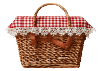 isolated on a transparent background1 - A wicker picnic basket with a red gingham cloth and lace ribbon, on a transparent background, a PNG 