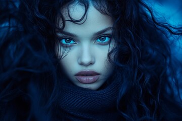 Fototapeta premium Commercial promotion conceptual art visual pattern. Stunning calm mixed-race girl - for ads, media and web promotion use. Long trim - curly hair. African beauty trends. Black woman portraits.
