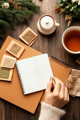A cozy top-down view of a gardener planning with a notebook, seed packets, tea, and greenery on a wooden table