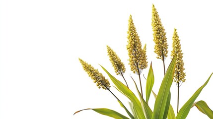 Yellow grain sorghum stalks against white background; agricultural use.