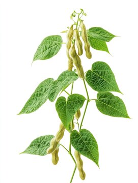 Green bean plant with pods, leaves, isolated, white background, agriculture.