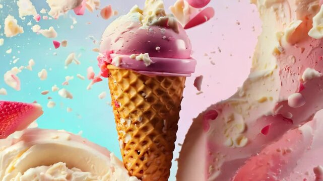 A cone with vanilla ice cream spinning