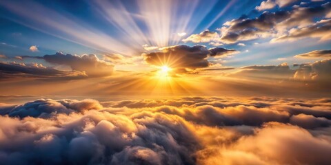 Vibrant sun rays piercing through storm clouds with gentle wisps of fog, creating an ethereal atmosphere , sky, heavens