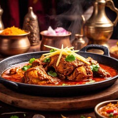 A dish of chicken karahi with spicy tomato-based gravy, fresh coriander, and sliced ginger