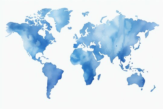 Blue watercolor world map showing all continents, perfect for educational or travel designs