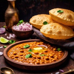 A dish of chole bhature with spicy chickpea curry and fluffy deep-fried bread