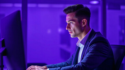 A 30-year-old businessman, graceful and elegant with refined features, works at his office computer. Deep ultraviolet hues and vivid purples