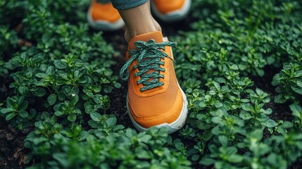 A close-up of an orange sneaker stepping on lush green plants, emphasizing nature and outdoor activity.