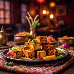 A dish of Indian paneer tikka with grilled cottage cheese cubes marinated in spices