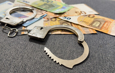 Euro banknotes and metal handcuffs. Concept For Corruption or Fraud