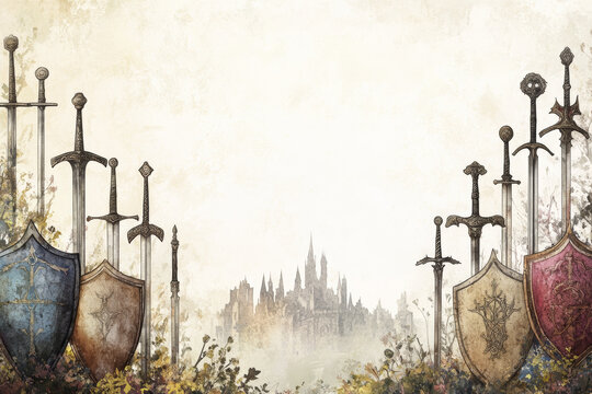 A stunning portrait of shields and swords framed with watercolor illustrations for a unique medieval theme.