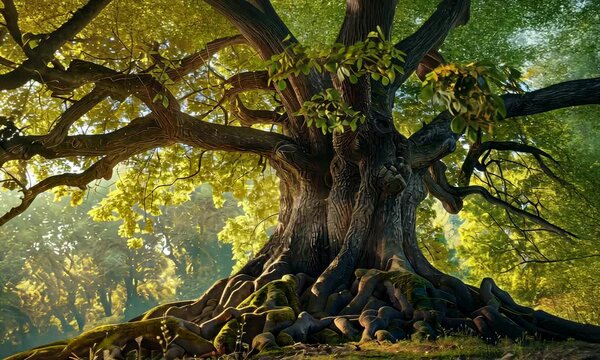 Majestic old tree with sprawling roots in sunlight