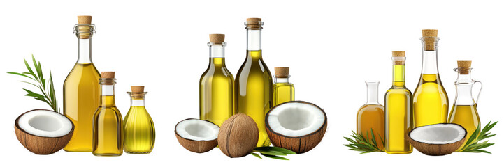 Healthy oils like olive oil and coconut oil in glass bottles