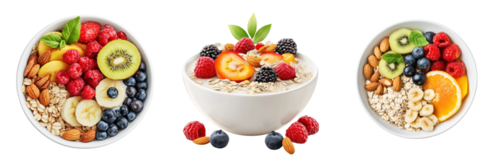 Nutritious breakfast bowls with fruits, oats, and nuts for healthy start