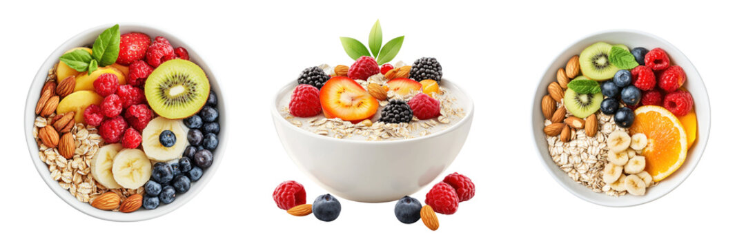 Nutritious breakfast bowls with fruits, oats, and nuts for healthy start - Powered by Adobe