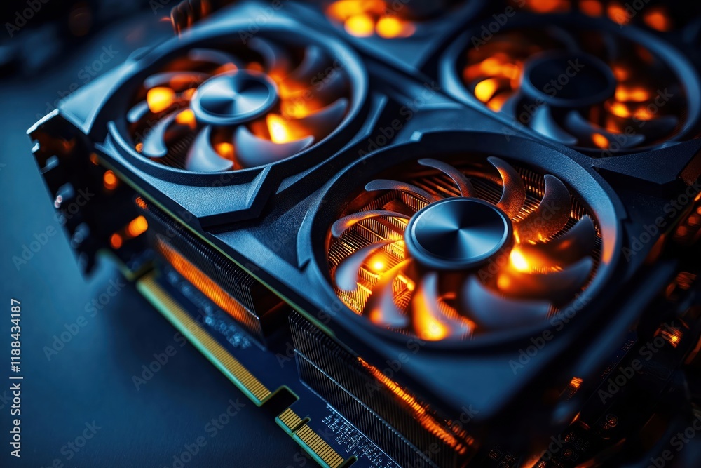 Fototapete high performance graphics card setup for gaming, crypto mining. cool fans with orange light. powerfu