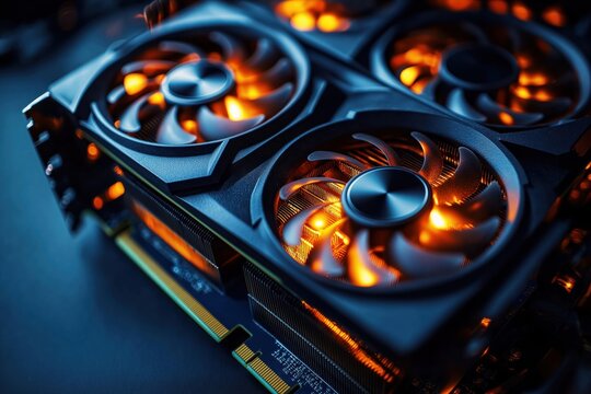 High performance graphics card setup for gaming, crypto mining. Cool fans with orange light. Powerful tech component. Modern computer hardware. Ideal for pro gamers, crypto enthusiasts. Excellent