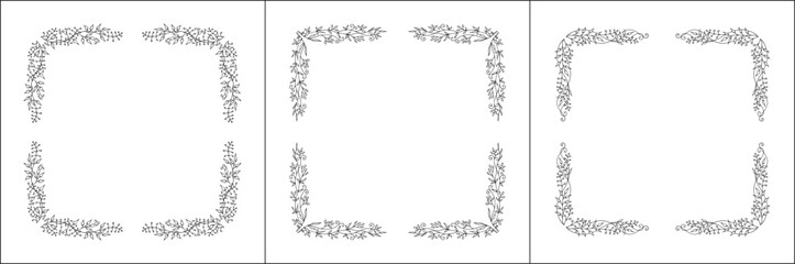 Set of three vector decorative frames, vegetal ornamental frame with flowers, decorative border, corners, black and white. Isolated vector illustration.	
