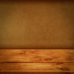 The background is blank wooden boards and a textured plastered wall with lighting and vignetting.