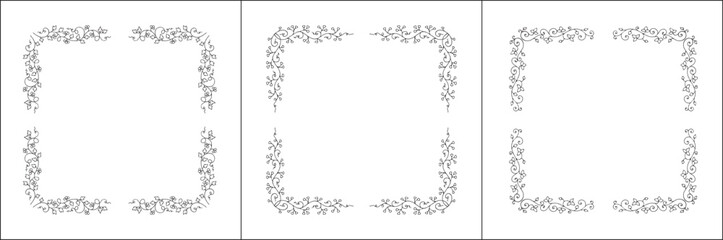 Set of three vector decorative frames, vegetal ornamental frame with flowers, decorative border, corners, black and white. Isolated vector illustration.	
