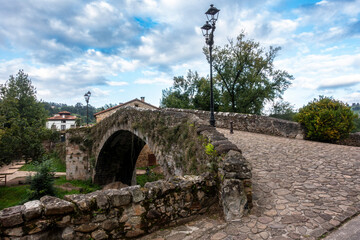 16th century Puente Mayor de Lierganes over the Miera River. Cantabria, Spain.