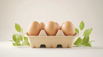 Five brown eggs in a cardboard carton with green leaves.