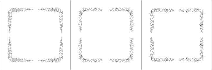 Set of three vector decorative frames, vegetal ornamental frame with flowers, decorative border, corners, black and white. Isolated vector illustration.	
