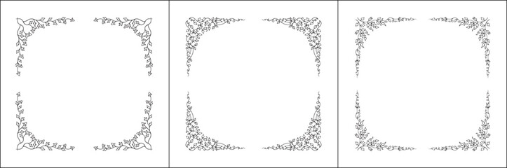 Set of three vector decorative frames, vegetal ornamental frame with flowers, decorative border, corners, black and white. Isolated vector illustration.	
