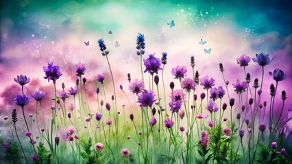 Fototapeta premium Enchanted Meadow Purple Flowers, Butterflies, Watercolor, Dreamy Landscape, Nature Art, Botanical Illustration Keywords Floral, Fantasy