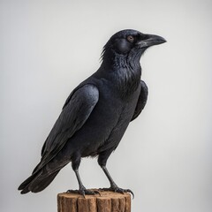 Fish Crow standing on one leg with a curious head tilt, white background.