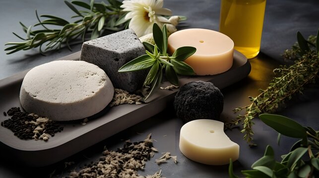 Flat lay of soothing spa essentials including a pumice stone herbal soap and aromatic essential oils creating a serene and restorative home wellness retreat