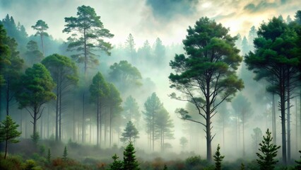 Obraz premium Misty Pine Forest Digital Painting, Tall Trees, Foggy Landscape, Nature Scene, Artistic Composition Keywords digital art, landscape painting