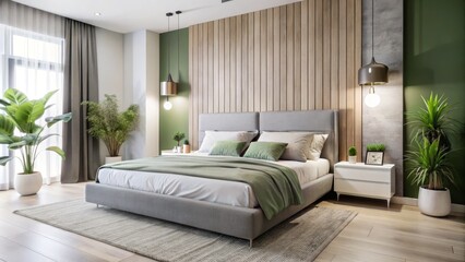 Modern Bedroom Interior Design Grey Bed, Green Accents, Wooden Wall, 3D Render, Bedroom Decor Bedroom Design, Interior Design
