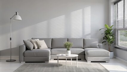 Naklejka premium Modern Sectional Sofa in Minimalist Living Room Grey Tones, Sunlight Shadows, 3D Render, Interior Design, Home Decor, L-Shape Sofa Home decor, Interior design