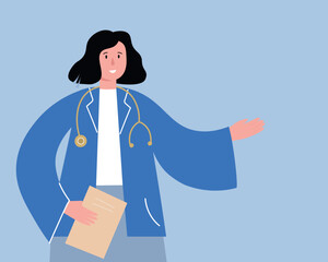 A female doctor in a medical uniform points and points something with her hand. The medical worker shows and explains. Vector flat illustration.