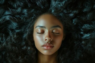 Obraz premium Stunning calm mixed-race girl - for ads, banner and internet marketing use. Long trim - curly hair. Commercial commercial creative. African model concept. Long colored hair model.