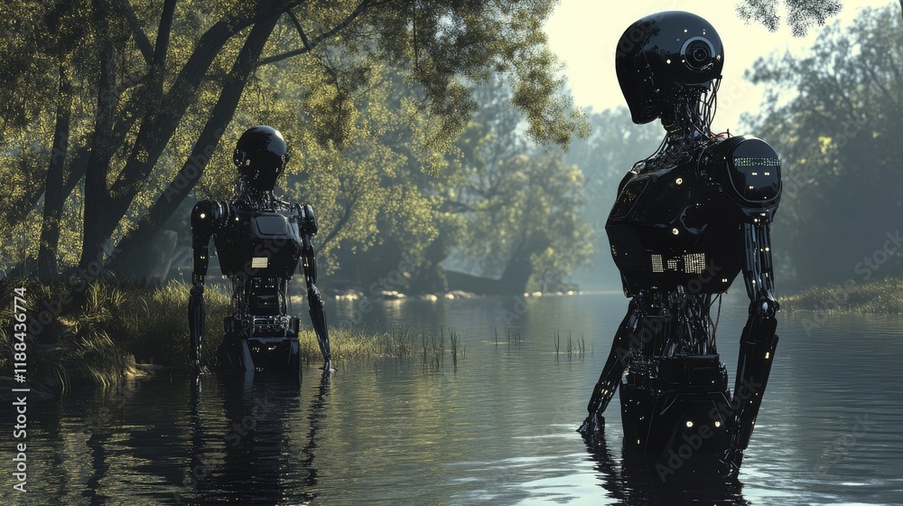 Poster advanced artificial intelligence concept illustrating future technological singularity with deep lea