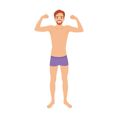 Fototapeta premium Skinny young man flexing muscles. Flat vector illustration isolated on white background