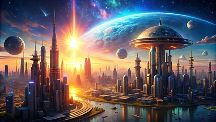 Sunrise Metropolis Futuristic Cityscape with Space Station, Digital Painting, Sci-Fi Art Sci-fi, Futuristic City