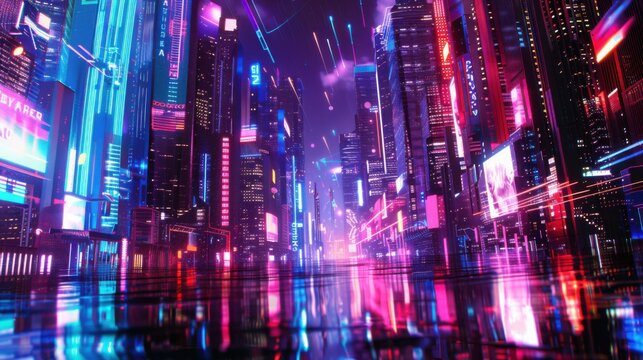 a futuristic cityscape illuminated by neon lights and holographic displays, white space in the center of the page for text, bold and vibrant colors contrasting against a dark urban backdrop