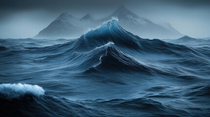 Imposing waves crashing against the coast, a dramatic seascape with dark, stormy clouds and distant mountains