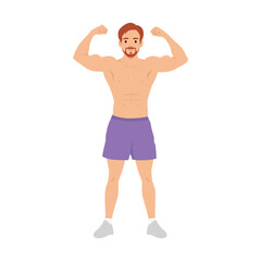 Fototapeta premium Young man with a muscular build is shown with his arms raised in the air. Flat vector illustration isolated on white background