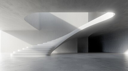 Obraz premium Modern white concrete spiral staircase in minimalist interior.